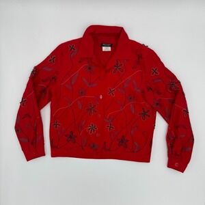 Softwear by Mark Singer Jacket Small Petite Red Embroidered Floral Button Front